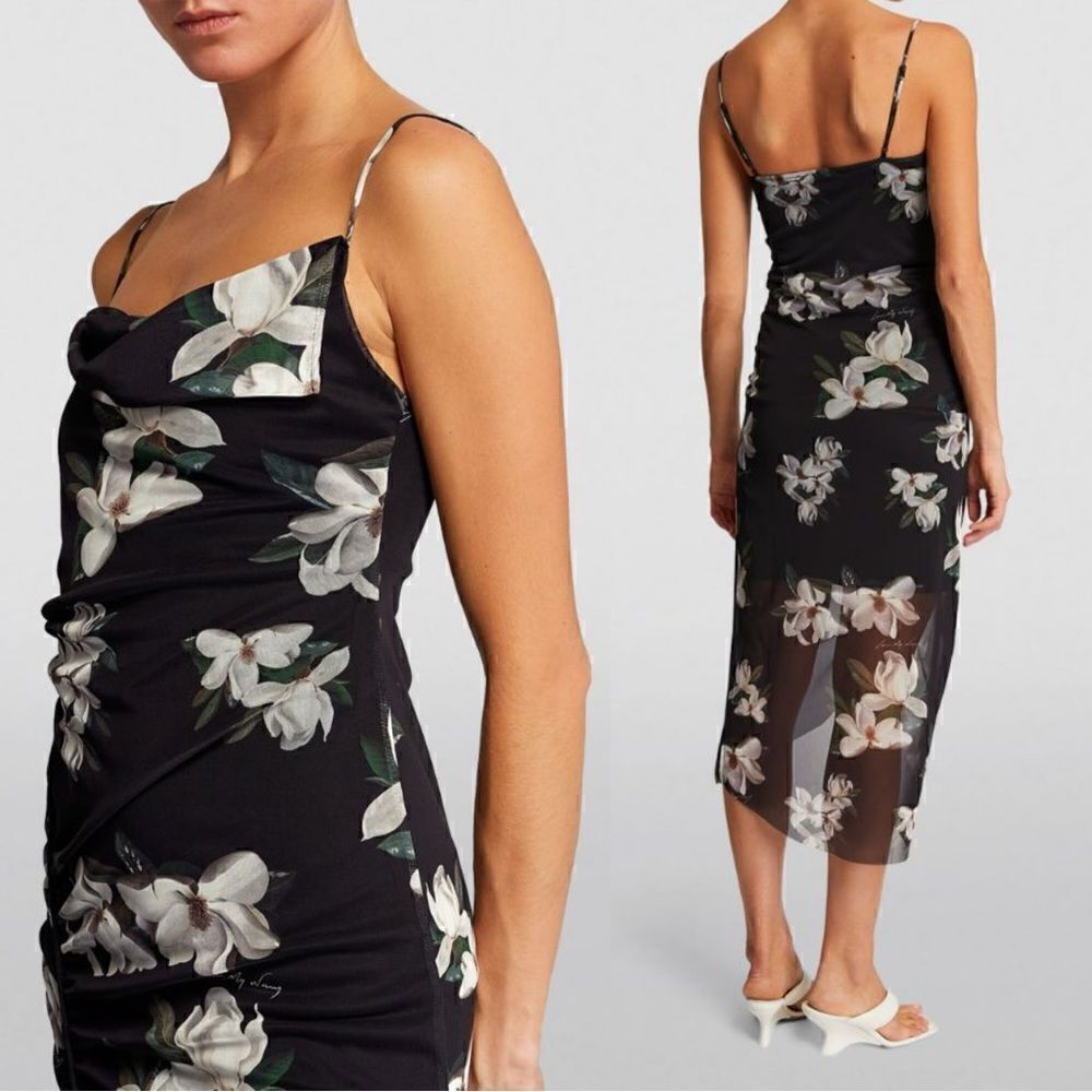 All Saints Ulla Alessandra Midi Black Dress Floral Bodycon Size 2